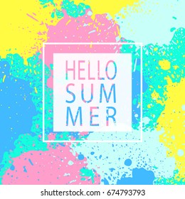 Paint stains. Grunge background. Ink splatter poster design. Spray drops. Blots and splashes. Liquid stains banner or cover. Hello summer. Abstract vector template.