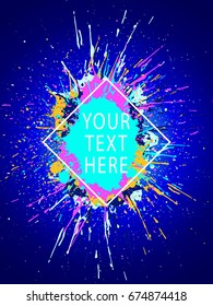 Paint stains. Grunge background. Ink splatter poster. Poster design. Spray drops. Grunge splashes. Liquid stains banner or cover. Abstract vector template for design.