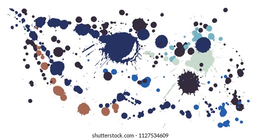 Paint stains grunge background vector. Futuristic ink splatter, spray blots, dirty spot elements, wall graffiti. Watercolor paint splashes pattern, smear fluid stains spots backdrop.
