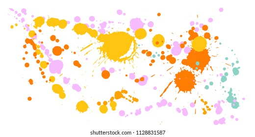 Paint stains grunge background vector. Graphic ink splatter, spray blots, dirt spot elements, wall graffiti. Watercolor paint splashes pattern, smear liquid stains spots backdrop.