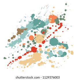 Paint stains grunge background vector. Mottled ink splatter, spray blots, dirt spot elements, wall graffiti. Watercolor paint splashes pattern, smear liquid stains spots background.