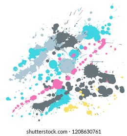 Paint stains grunge background vector. Colorful ink splatter, spray blots, dirty spot elements, wall graffiti. Watercolor paint splashes pattern, smear fluid stains spots background.