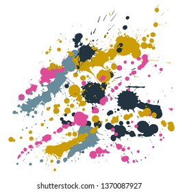 Paint stains grunge background vector. Funky ink splatter, spray blots, dirt spot elements, wall graffiti. Watercolor paint splashes pattern, smear liquid stains spots backdrop.