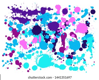 Paint stains grunge background vector. Graphic ink splatter, spray blots, dirty spot elements, wall graffiti. Watercolor paint splashes pattern, smear fluid stains spots backdrop.