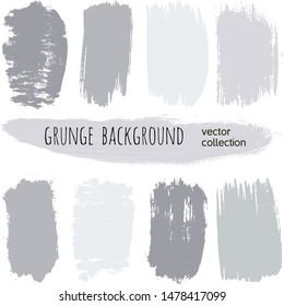 Paint stains grunge collection. Set of grey grungy hand drawn brush strokes isolated on white. Abstract ink texture, design elements, borders or frames. Brush strokes set backgrounds.