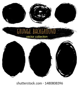 Paint stains grunge collection. Set of black grungy hand drawn brush strokes isolated on white. Abstract ink texture, design elements, borders or frames. Brush strokes set backgrounds.