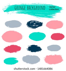 Paint stains grunge collection. Set of colorful grungy hand drawn brush strokes isolated on white. Abstract ink texture, design elements, borders or frames. Brush strokes set backgrounds.
