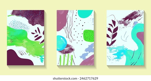 Paint stains handdrawn lines and dots collage composition banners and posters. Rich gringe patterns for covers. Vector brochure templates. Wall art with leaves.