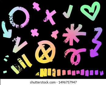 Paint stains on a black chalkboard. Set of elements graffiti style. Holographic paint. Neon colors. Watercolor blob, spray, drop. Pastel chalk. Brushes, borders, elements.