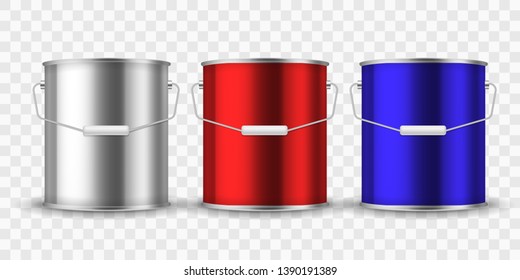 Paint steel can. Silver bucket metal cans package paint aluminum container with handle for interior renovation realistic vector rounded mockup