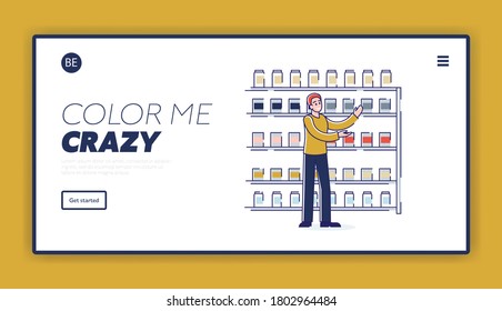 Paint store landing page design with man choosing color for home renovation and wall painting. Male designer picking new color of paint for interior or exterior decoration. Linear vector illustration