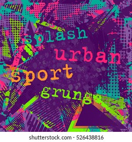 Paint stroke copy space on abstract urban pattern. Grunge texture background. Scuffed drop spray, neon dots, paint, splash. Urban modern dirty dark wallpaper. Fashion textile, sport fabric. torn style