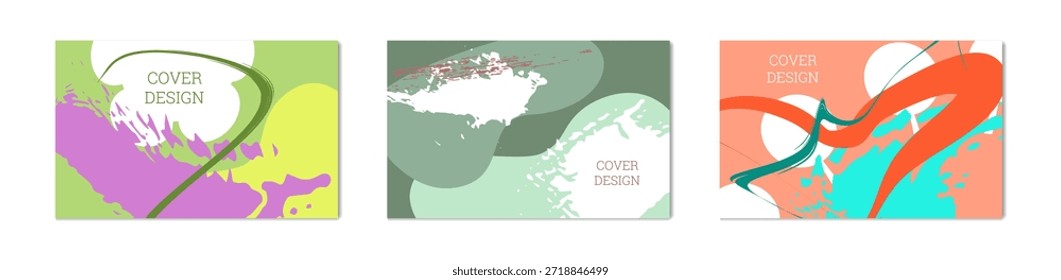 Paint strokes and geometric elements. Set of 3 multi-colored backgrounds. Notebook or notebook cover design. Unusual creative background.