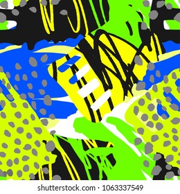 Paint strokes seamless pattern.Artistic design with authentic,unique scrapes, watercolour blotted background for funky summer trendy apparel, t-shirts,textile
