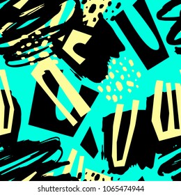 Paint strokes seamless pattern.Artistic design with authentic,unique scrapes, watercolour blotted background for funky summer trendy apparel, t-shirts,textile