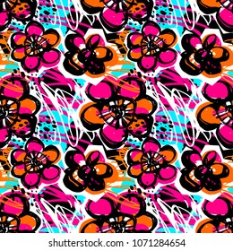 Paint strokes seamless pattern.Artistic design with authentic,unique scrapes, watercolour blotted background for funky summer trendy apparel, t-shirts,textile