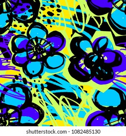 Paint strokes seamless pattern.Artistic design with authentic,unique scrapes, watercolour blotted background for funky summer trendy apparel, t-shirts,textile