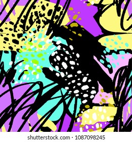 Paint strokes seamless pattern.Artistic design with authentic,unique scrapes, watercolour blotted background for funky summer trendy apparel, t-shirts,textile