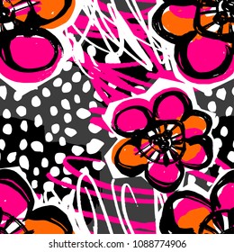 Paint strokes seamless pattern.Artistic design with authentic,unique scrapes, watercolour blotted background for funky summer trendy apparel, t-shirts,textile