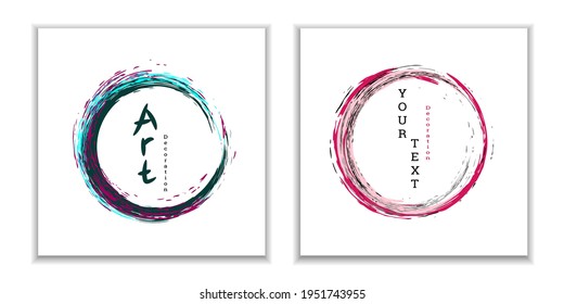 Paint strokes. Zen ink circle emblem. Multi-colored circular strokes with ink or paint. Design template for banners, posters, booklets, covers, magazines. EPS 10