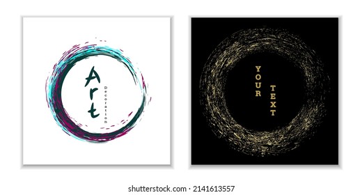 Pintar golpes. Emblema del círculo de tinta zen. Acariciaciones circulares multicolores con tinta o pintura. Plantilla de diseño para carteles, carteles, folletos, portadas, revistas. EPS 10