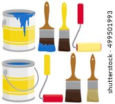 Paint supplies, cans, brushes, buckets and rollers. Paint cans, brushes and paint rollers for wall painting, house renovation projects and decoration. Vector illustration