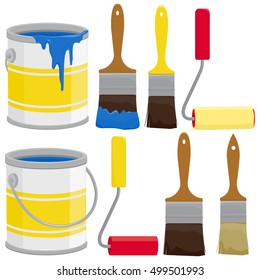 Paint supplies, cans, brushes, buckets and rollers. Vector illustration