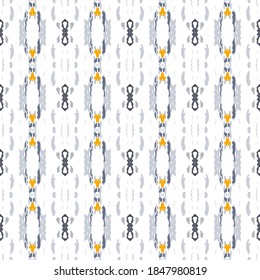 Paint Texture. Shibori, Staining Seamless Pattern. Geo Texture. Hand Drawn Painted. Gray Yellow Old Native Folk Fabric.  Staining Medallion Shibori Design.
