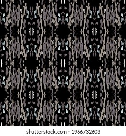 Paint Texture. Shibori, Staining Seamless Pattern. Geo Texture. Hand Drawn Painted. Black Gray Folk Old Summer Carpet.  Medallion Woven Shibori Texture.