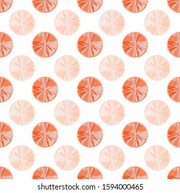 Paint textured pastel pink and orange circles, resembling slices of grapefruit. Seamless geometric vector pattern on white background. Perfect for wellness, health, beauty products, summer, packaging