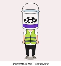 A paint tin-headed, human-shaped character dressed in a construction vest 