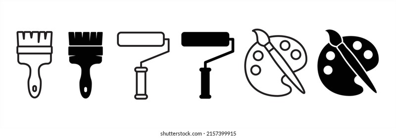 Paint tool vector icon set. Roller painter icons. Watercolor palette and paintbrush vector illustration. Symbol of decorating and art.