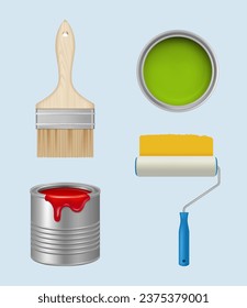 Paint tools. Brushes oil paint rollers for wall paintings decent vector realistic templates set