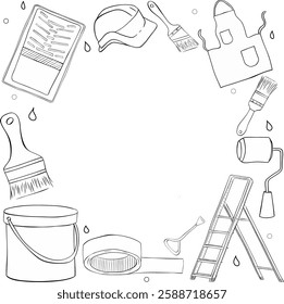 paint tools circle round frame in square. Graphic line ink vector design template Stroke, Paint can opener, color can, apron, bucket, can, Brush, Roller, Paint tray, Masking tape, Ladder, Step ladder