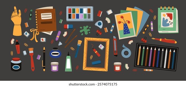 Paint tools. Icon drawing brush, palette, different pencil, canvas, paintbrush and various tube. Design cartoon art supply. Graphic for creative craft education. Vector tidy isolated illustration