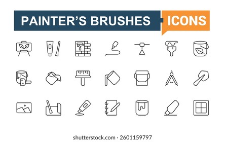 Paint Tools icon pack. Contains such icons as colours, tool, brush, bucket, watercolor, roller, art and more. Minimalist linear icons. Paint Brushes icon set. Editable vector. Pixel perfect.