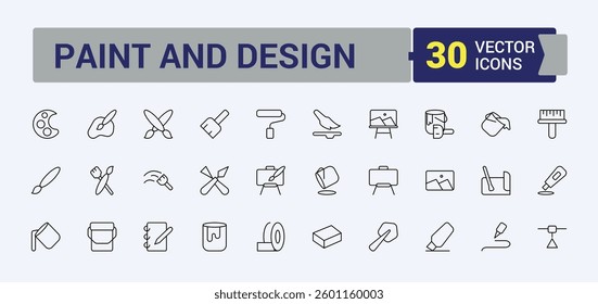 Paint Tools icon pack. Contains such icons as colours, tool, brush, bucket, watercolor, roller, art and more. Minimalist linear icons. Paint Brushes icon set. Editable vector. Pixel perfect.