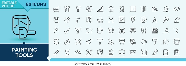 Paint Tools icon pack. Contains such icons as colours, tool, brush, bucket, watercolor, roller, art and more. Minimalist linear icons. Paint Brushes icon set. Editable vector. Pixel perfect.