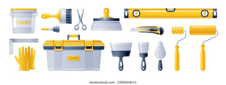 Paint tools icons. Home repair art. Brush, color bucket, can, roller, diy. 3D painter tool. House renovation vector. Dye, paintbrush, level, toolbox, gloves bg. Handyman wall paint work equipment set