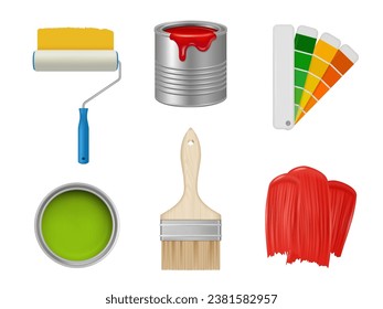 Paint tools. Production items for artists brushes rollers decent vector templates in realistic style