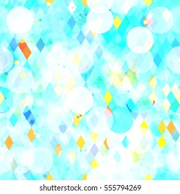 Paint transparent rhombus on light blue background with circles. Abstract seamless texture