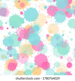 Paint transparent stains vector seamless grunge background. Sprawling ink splatter, spray blots, dirty spot elements seamless. Watercolor paint splashes pattern, smear liquid stains.