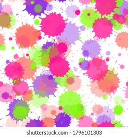 Paint transparent stains vector seamless grunge background. Funky ink splatter, spray blots, dirty spot elements seamless. Watercolor paint splashes pattern, smear fluid splats.
