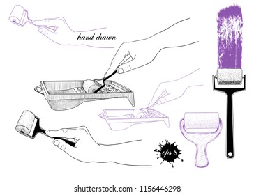 Paint tray,foam rubber roller,foam roller in the hand.  Set of various isolated elements on white background. Hand-drawn vector illustration. Sketch style.