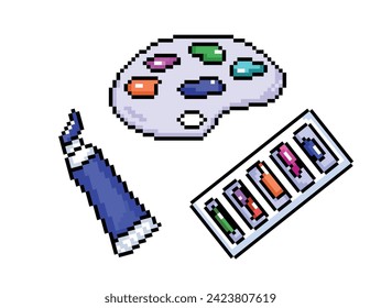 Paint tube and painting palette. Pixel bit retro game styled vector illustration drawing set collection group bundle. Simple flat cartoon drawing isolated on white background.