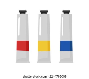 Paint tube set. Set of vector metal paint tubes isolated on white background. Paints in tubes artist's palette. Blank tube mock up. Red, yellow, blue paint. Flat vector illustration.