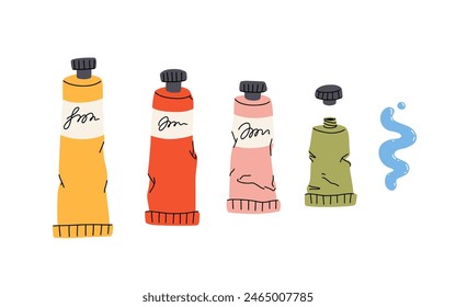 Paint tubes of different colors. Bright acrylic, watercolor or oil dye. Drawing materials. Art stationery. School supplies for painting. Flat isolated vector illustration on white background