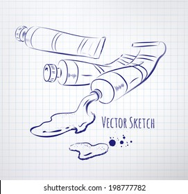  Paint tubes drawn on checkered paper. Vector illustration. isolated.