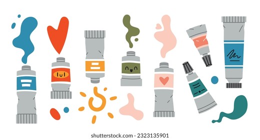 Paint tubes funny set, oil paint, acrylic, gouache or watercolor, cartoon style. Trendy modern vector illustration isolated on white background, hand drawn, flat 