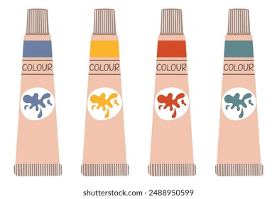 Tubos de pintura conjunto divertido, pintura al óleo, acrílico, gouache o acuarela. Ilustración vectorial moderna de moda, aislado en el fondo, dibujado a mano, plano